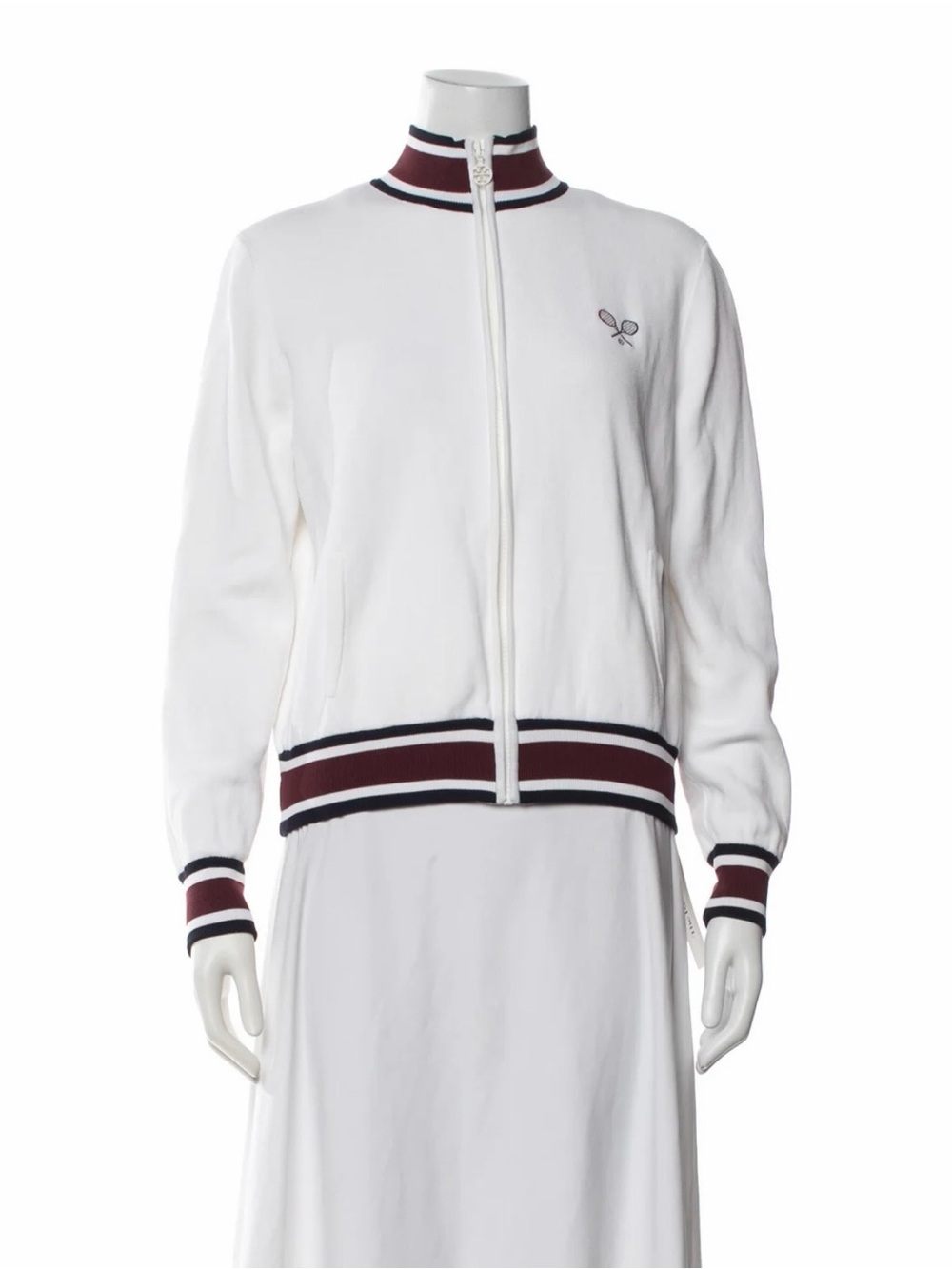 Tory Burch White Tennis Jacket with Maroon & Navy Stripe Trim